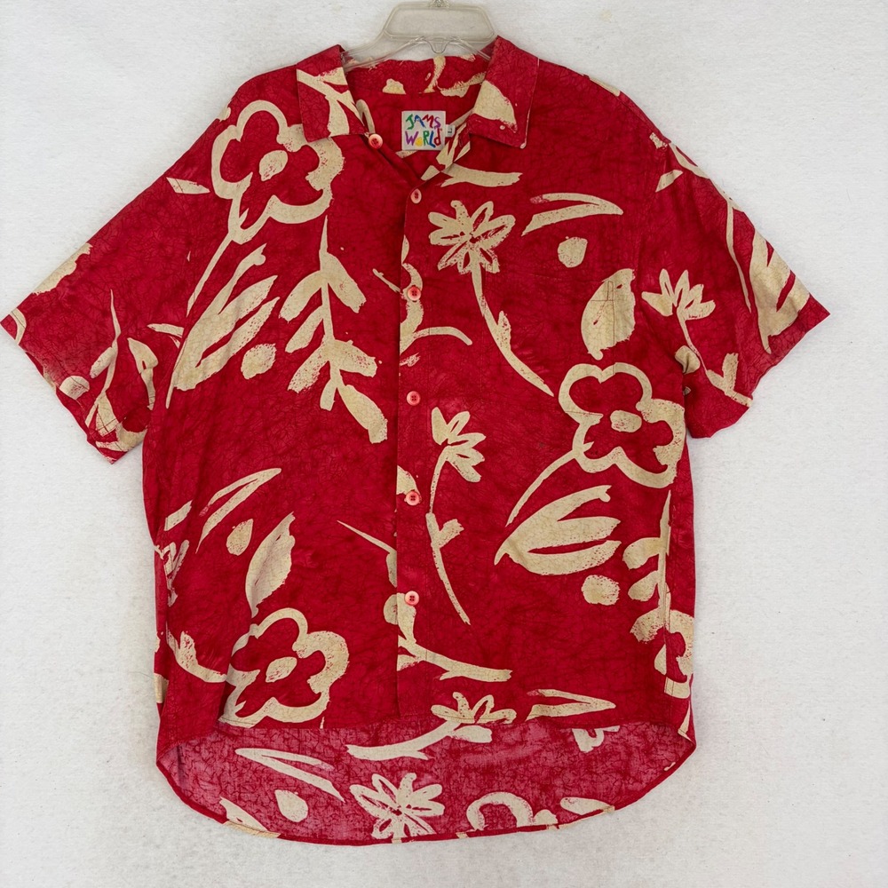 Vintage Jams World Shirt Men Large Red Rayon Hawaiian Aloha Stepped Hem High Low